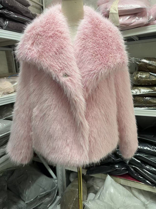 Women's Pure Color Versatile Faux Fur Collar Long Sleeve Coat Plus Size Outerwear