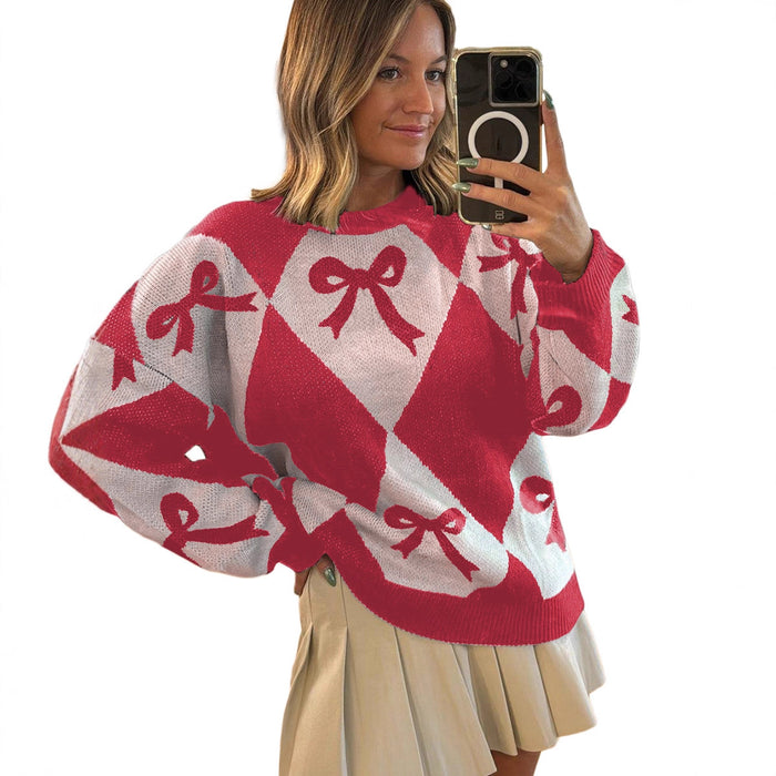 Pull tendance pour femme avec imprimé nœud et manches longues en tricot