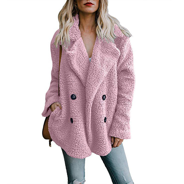 Autumn And Winter Women's Plush Button Lapels Pocket Coat Shirt