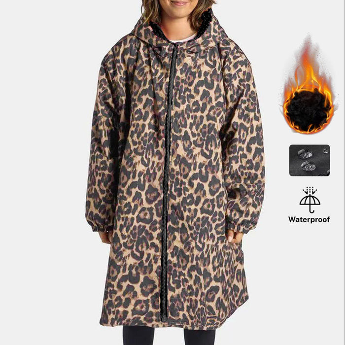 Fleece-lined Hooded Zip-up Leopard-print Coattrench Coat