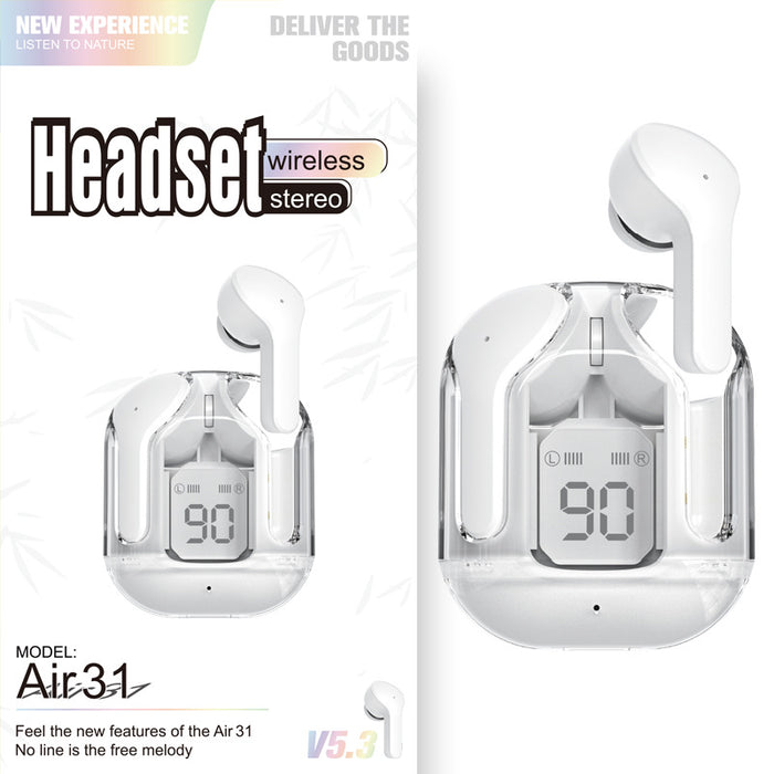 Nouveau mini casque Bluetooth sans fil transparent avec affichage numérique, réduction de bruit ENC et véritable technologie sans fil pour le sport et la musique.