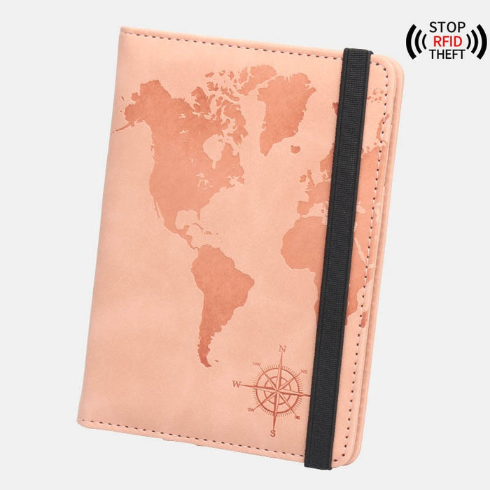 World Map Passport Case Strap Anti-magnetic Multiple Card Slots Leather Compass Elastic Band Ticket Clip