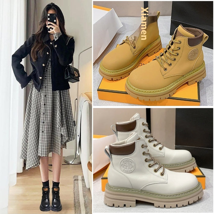 Bottes Martin à talon compensé en cuir véritable pour femmes, semelle épaisse, assorties à toutes les tenues