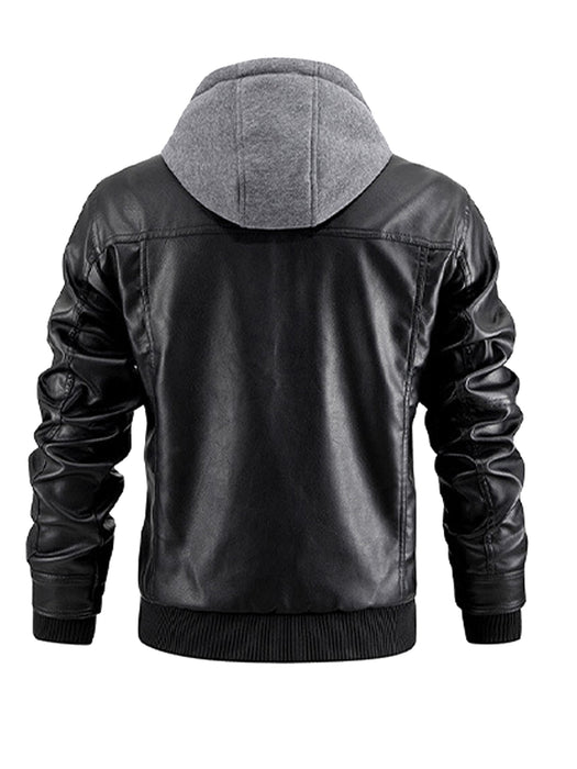 Chaqueta de cuero sintético para hombre, chaqueta de motocicleta, impermeable, a prueba de viento, de PU, estilo bombardero vintage con capucha extraíble 