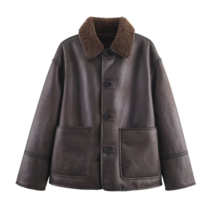 Manteau Femme Confortable Décontracté Réversible Cuir et Fourrure Tout-en-un pour la Chaleur et le Style
