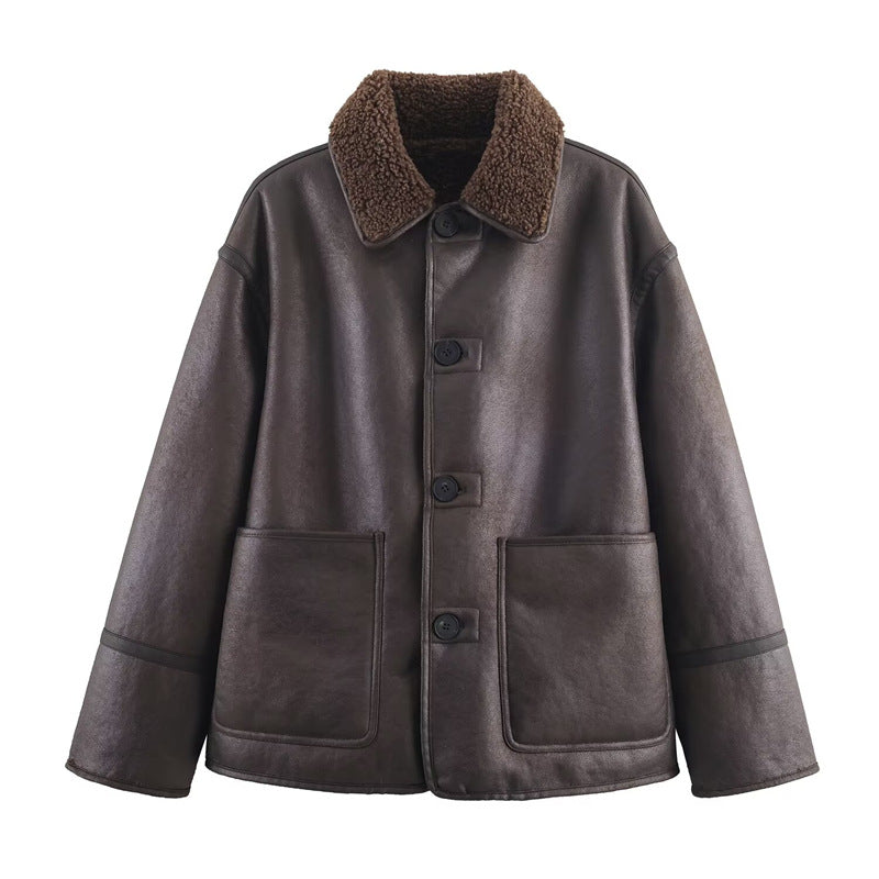 Manteau Femme Confortable Décontracté Réversible Cuir et Fourrure Tout-en-un pour la Chaleur et le Style