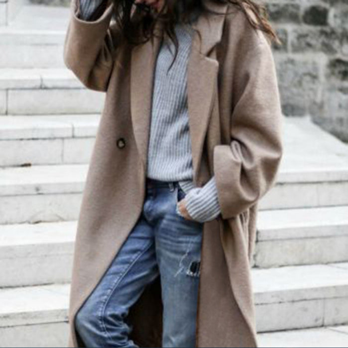Manteau long à revers uni tendance, manteau chaud
