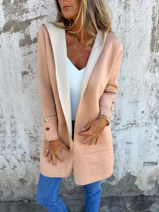 European And American Spring New Women's Clothing Casual Contrast Color Sweater Cardigan Hooded Coat