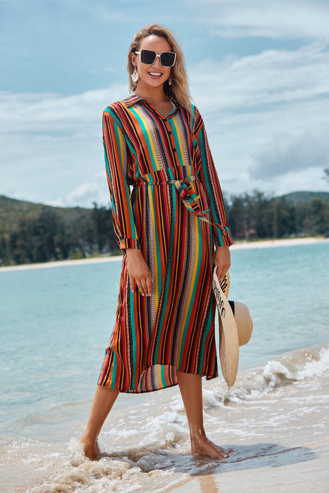 Cover The Flesh And Show The Thin Color Striped Beach Skirt Seaside Vacation Long-Sleeved Sun Protection Clothing Long Shirt Swimsuit Coverall Jacket