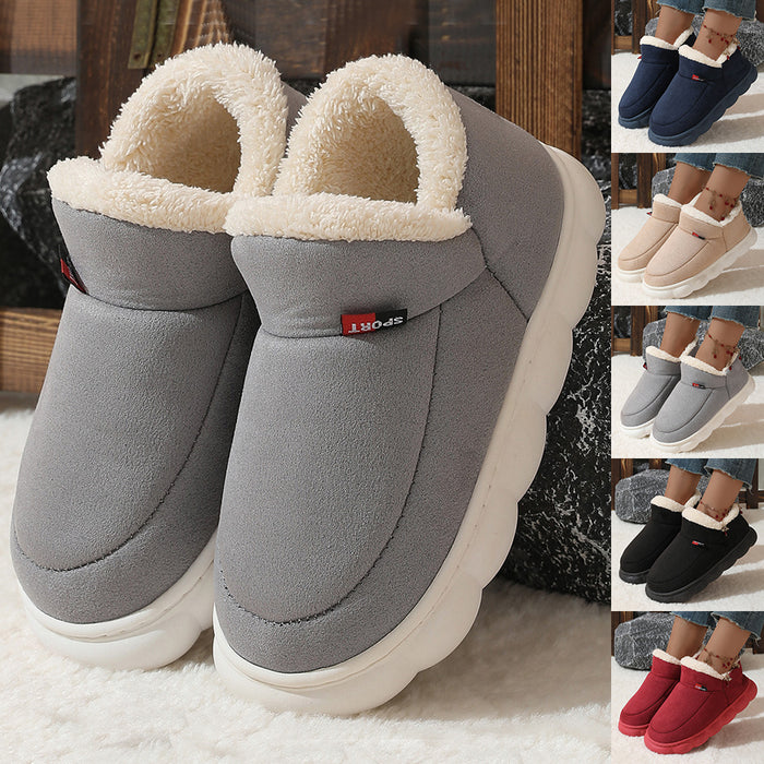 Zapatos de invierno de felpa de algodón para mujer y hombre, cálidos zapatos de gamuza para casa para padres, zapatos de jardín de suela gruesa de color sólido para exteriores