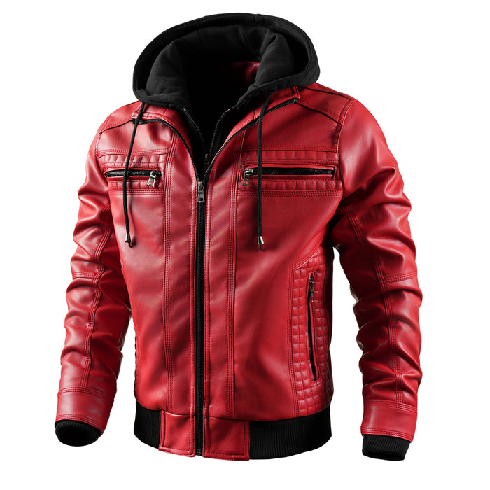 Chaqueta de cuero sintético para hombre, chaqueta de motocicleta, impermeable, a prueba de viento, de PU, estilo bombardero vintage con capucha extraíble 