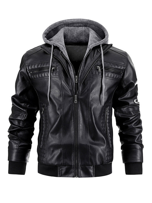 Chaqueta de cuero sintético para hombre, chaqueta de motocicleta, impermeable, a prueba de viento, de PU, estilo bombardero vintage con capucha extraíble 