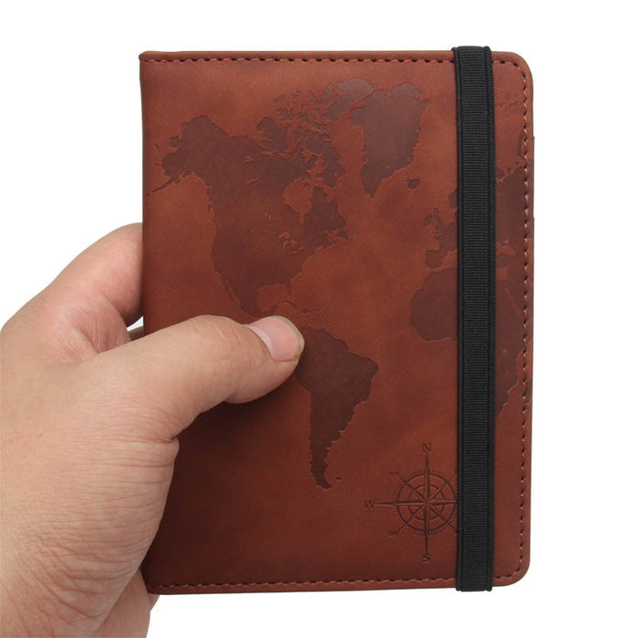 World Map Passport Case Strap Anti-magnetic Multiple Card Slots Leather Compass Elastic Band Ticket Clip