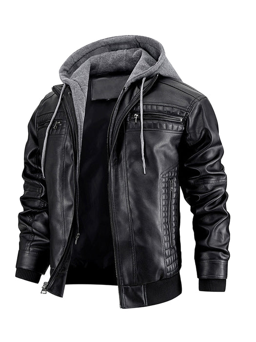 Chaqueta de cuero sintético para hombre, chaqueta de motocicleta, impermeable, a prueba de viento, de PU, estilo bombardero vintage con capucha extraíble 