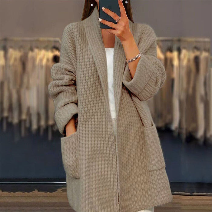 Gilet cardigan en maille à revers et poches, style décontracté et ample, idéal pour l'automne et le printemps (vêtements pour femmes)