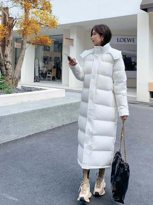 Nueva chaqueta de plumón larga para mujer, ultralarga, por encima de la rodilla, gruesa, de pato blanco.