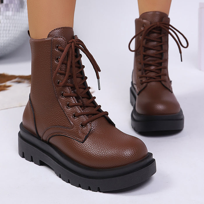 Women's Lace Up Round Toe Platform Leather Martin Boots
