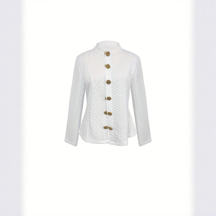 Women's Fashionable Solid Color Textured Fabric Stand Up Collar Jacket