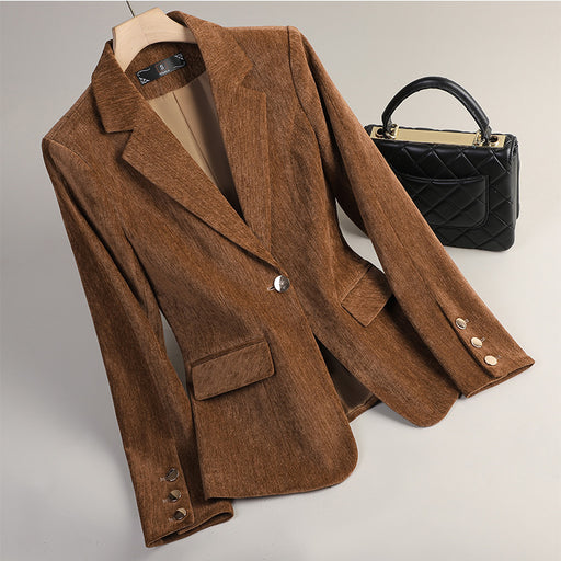 Blazer décontracté en velours doré coupe ajustée pour femme