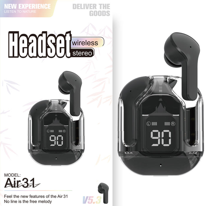 Nouveau mini casque Bluetooth sans fil transparent avec affichage numérique, réduction de bruit ENC et véritable technologie sans fil pour le sport et la musique.
