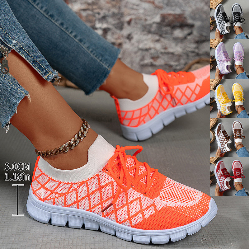 Zapatillas Flyknit con cordones y cuadros en bloques de color, de malla, informales, transpirables, para caminar y correr, para mujer