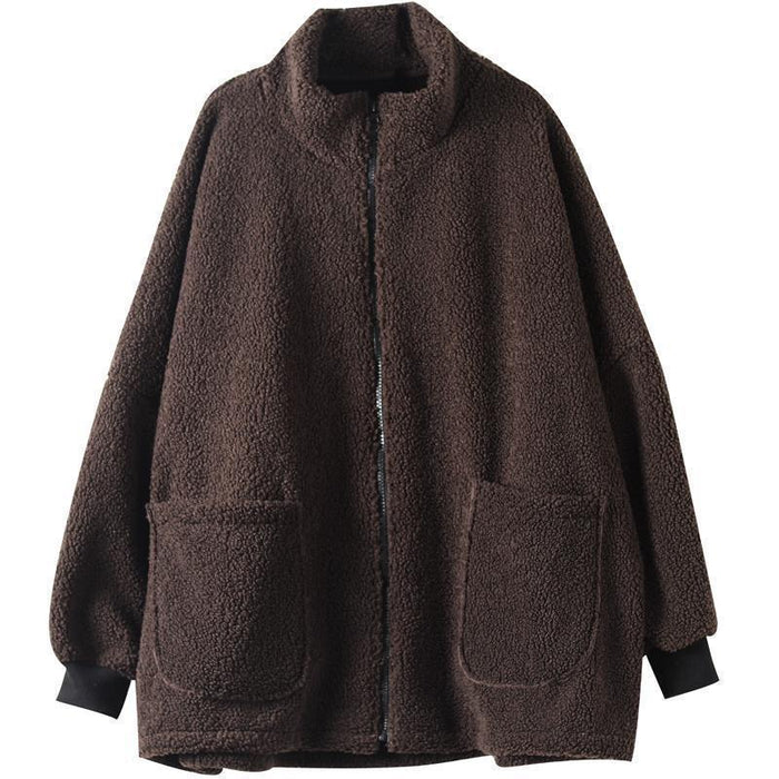 Plus-size Loose-fitting Long-sleeve Womens Casual Lambswool Coat