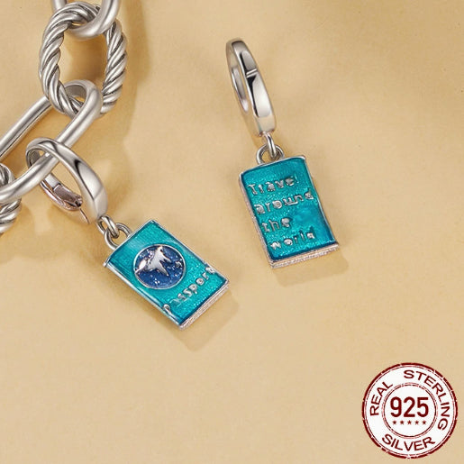 S925 Sterling Silver Beads Diy Ornament Buckle Openable Passport Pendant Global Travel Pendant