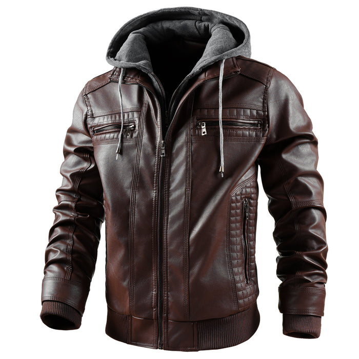 Chaqueta de cuero sintético para hombre, chaqueta de motocicleta, impermeable, a prueba de viento, de PU, estilo bombardero vintage con capucha extraíble 