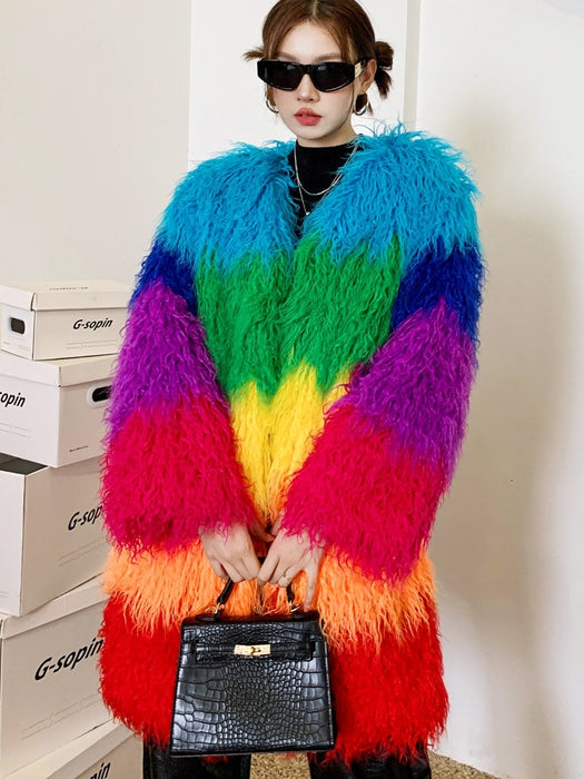 Manteau en patchwork de peluche contrastant, Manteau d'hiver en laine d'agneau