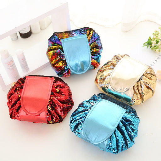 Trousse de maquillage à sequins sirène avec cordon de serrage, idéale pour les voyages. Pochette de rangement pour produits de toilette.