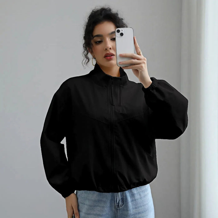 Women's Fashion Waterproof Jacket Short Stand Collar Thin Coat