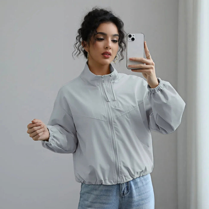 Women's Fashion Waterproof Jacket Short Stand Collar Thin Coat