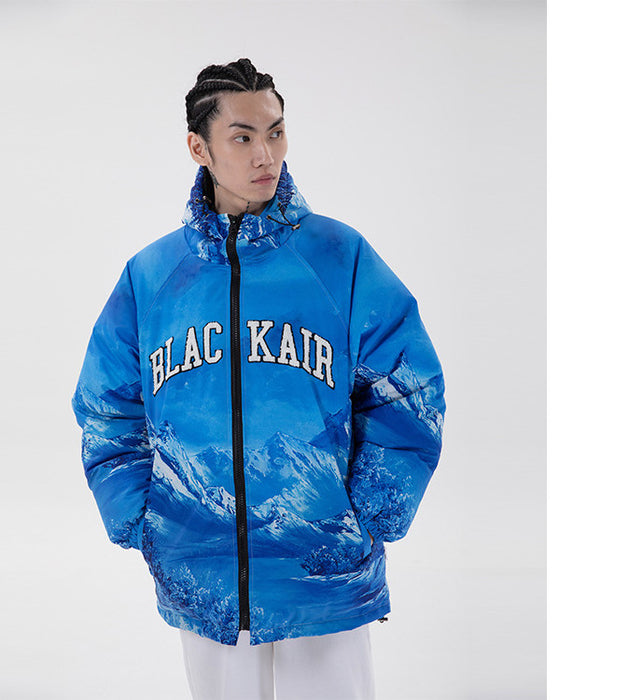 Veste en coton épais avec imprimé de montagnes enneigées et lettres brodées