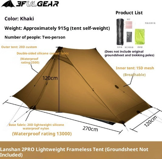 Tente pyramidale ultralégère sans arceaux pour deux personnes, idéale pour le camping, la randonnée et les traversées en pleine nature.