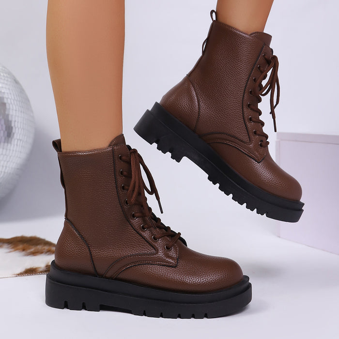 Women's Lace Up Round Toe Platform Leather Martin Boots