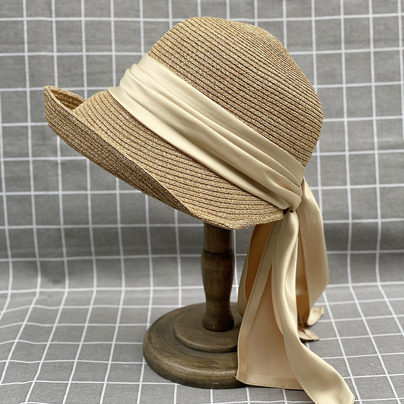 Japanese Style Curling Front Big Back Small Satin Ribbon Bucket Hat Summer Straw Hat Female Bucket Hat Sun-proof Beach Hat Tide
