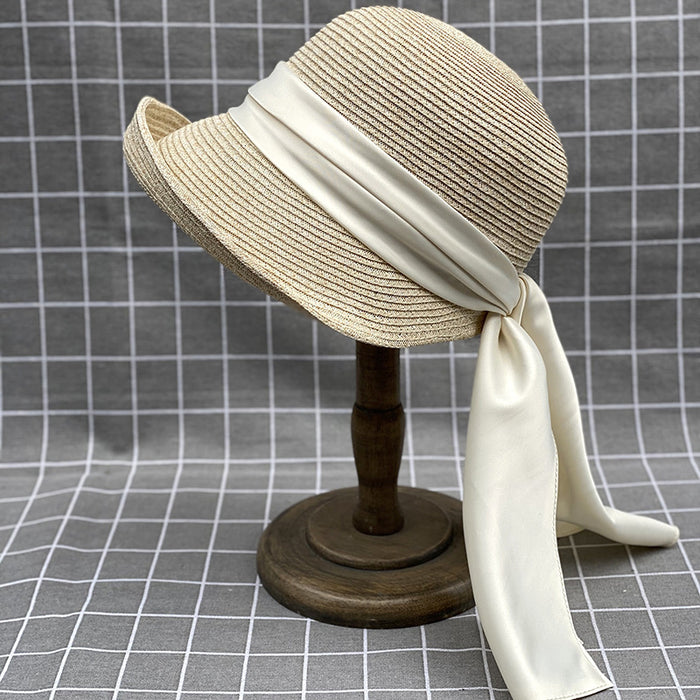 Japanese Style Curling Front Big Back Small Satin Ribbon Bucket Hat Summer Straw Hat Female Bucket Hat Sun-proof Beach Hat Tide