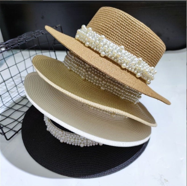 Sombrero de playa retro versátil con parte superior plana y protección solar de perla