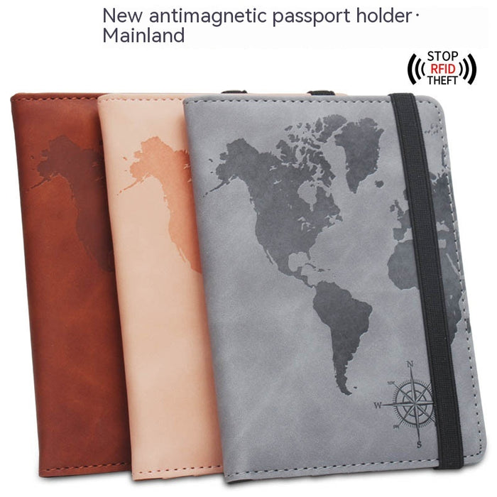 World Map Passport Case Strap Anti-magnetic Multiple Card Slots Leather Compass Elastic Band Ticket Clip
