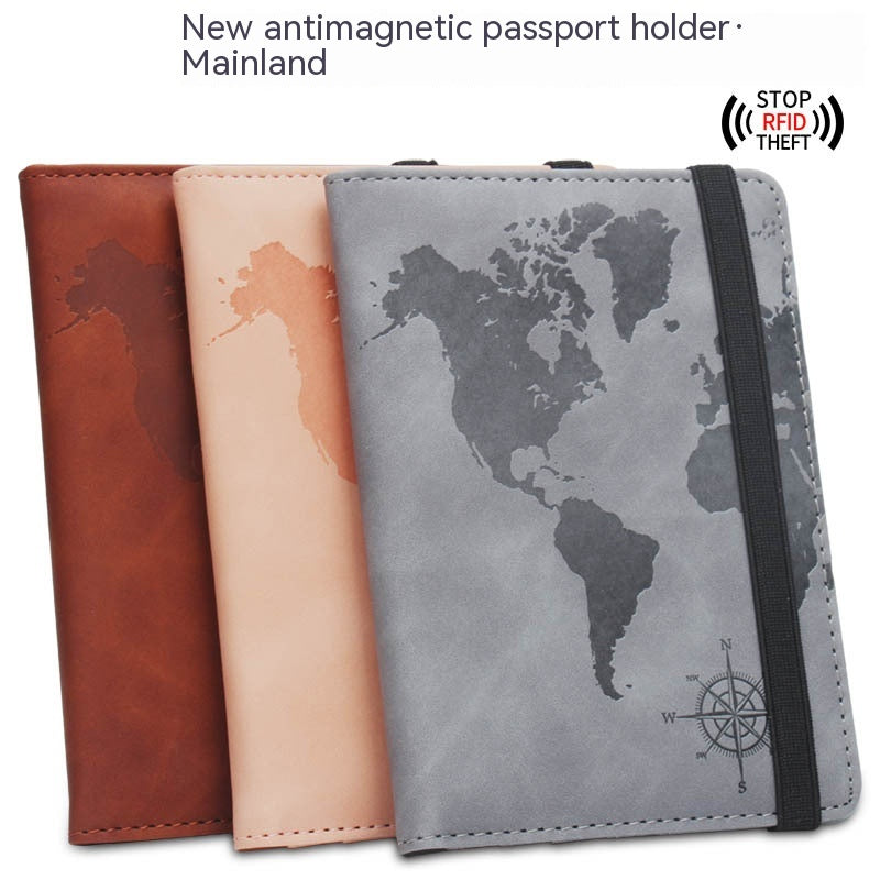 World Map Passport Case Strap Anti-magnetic Multiple Card Slots Leather Compass Elastic Band Ticket Clip