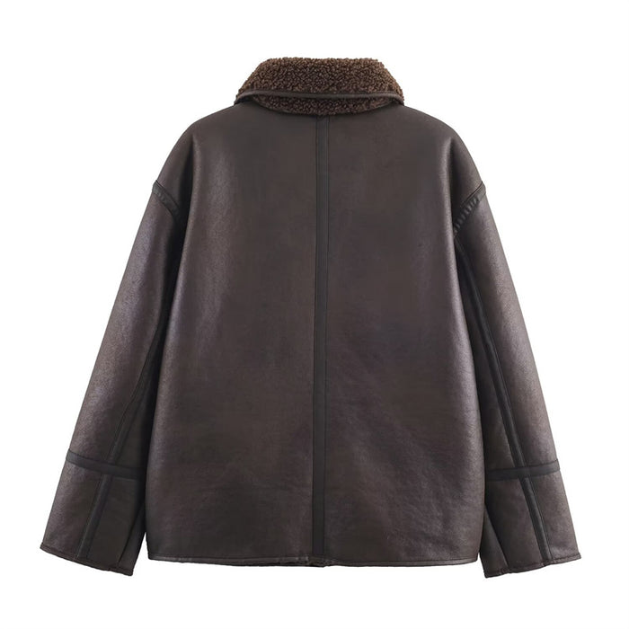 Manteau Femme Confortable Décontracté Réversible Cuir et Fourrure Tout-en-un pour la Chaleur et le Style