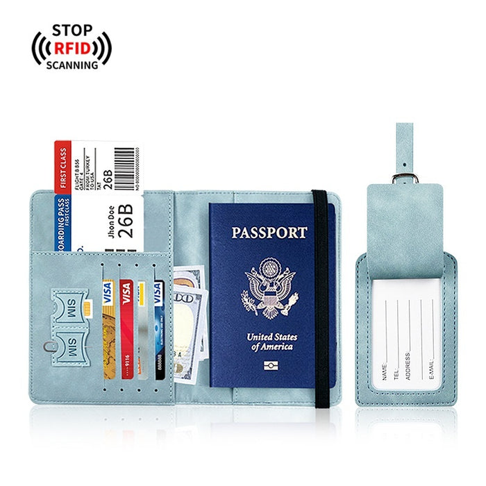 Ensemble porte-passeport en cuir PU anti-magnétique et étiquette à bagages