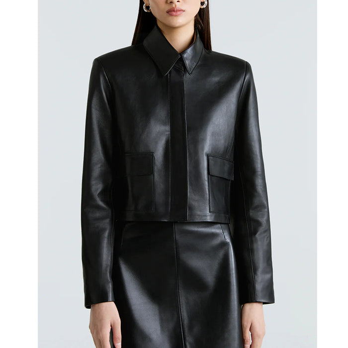 Veste en cuir de style motard à revers pour femme