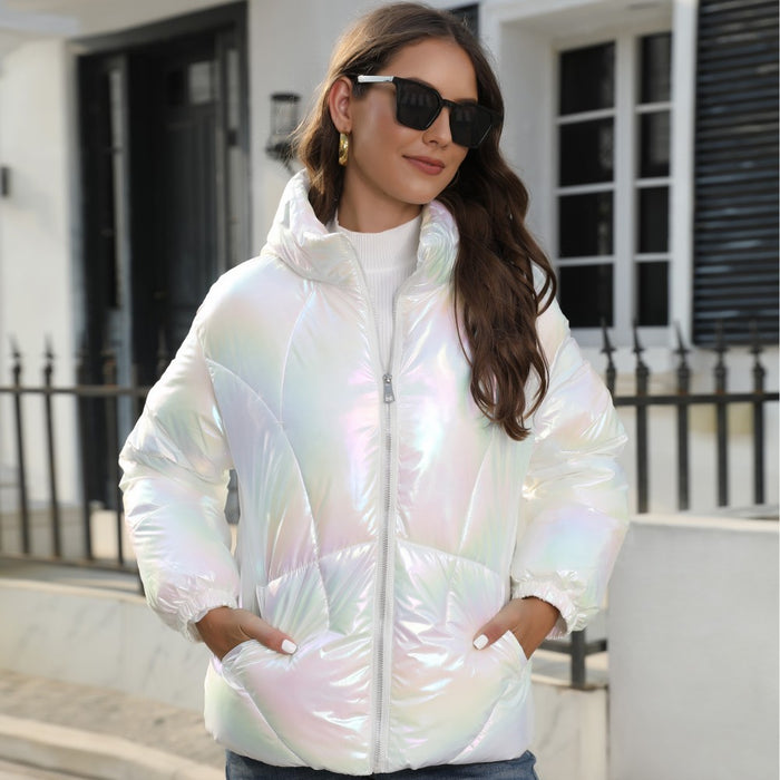 Nueva chaqueta acolchada con capucha de tela de algodón con superficie brillante de moda