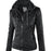 Women's Detachable Lapel Long Sleeve Solid Color Zipper Leather Jacket Coat
