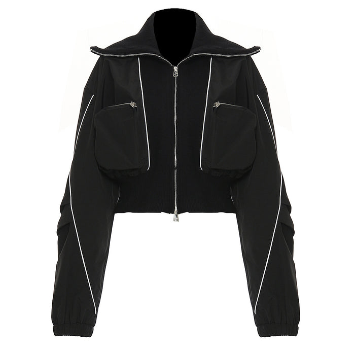 Womens Casual Jacket With Zippered Pockets And A Lapel Design