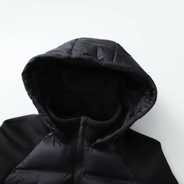 Veste à capuche matelassée en coton, manches longues thermiques, patchwork noir