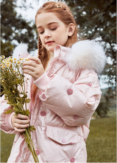 Doudoune mi-longue épaisse coréenne à grand col en fourrure pour enfant