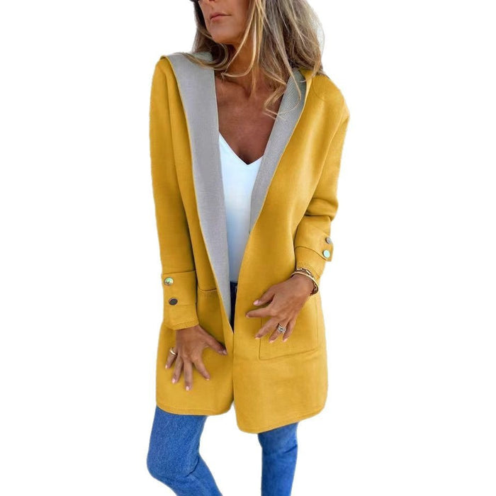 European And American Spring New Women's Clothing Casual Contrast Color Sweater Cardigan Hooded Coat