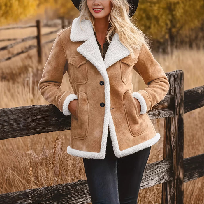 Manteau en fourrure pour femme, style rétro, avec poches, revers et boutons, collection automne et hiver
